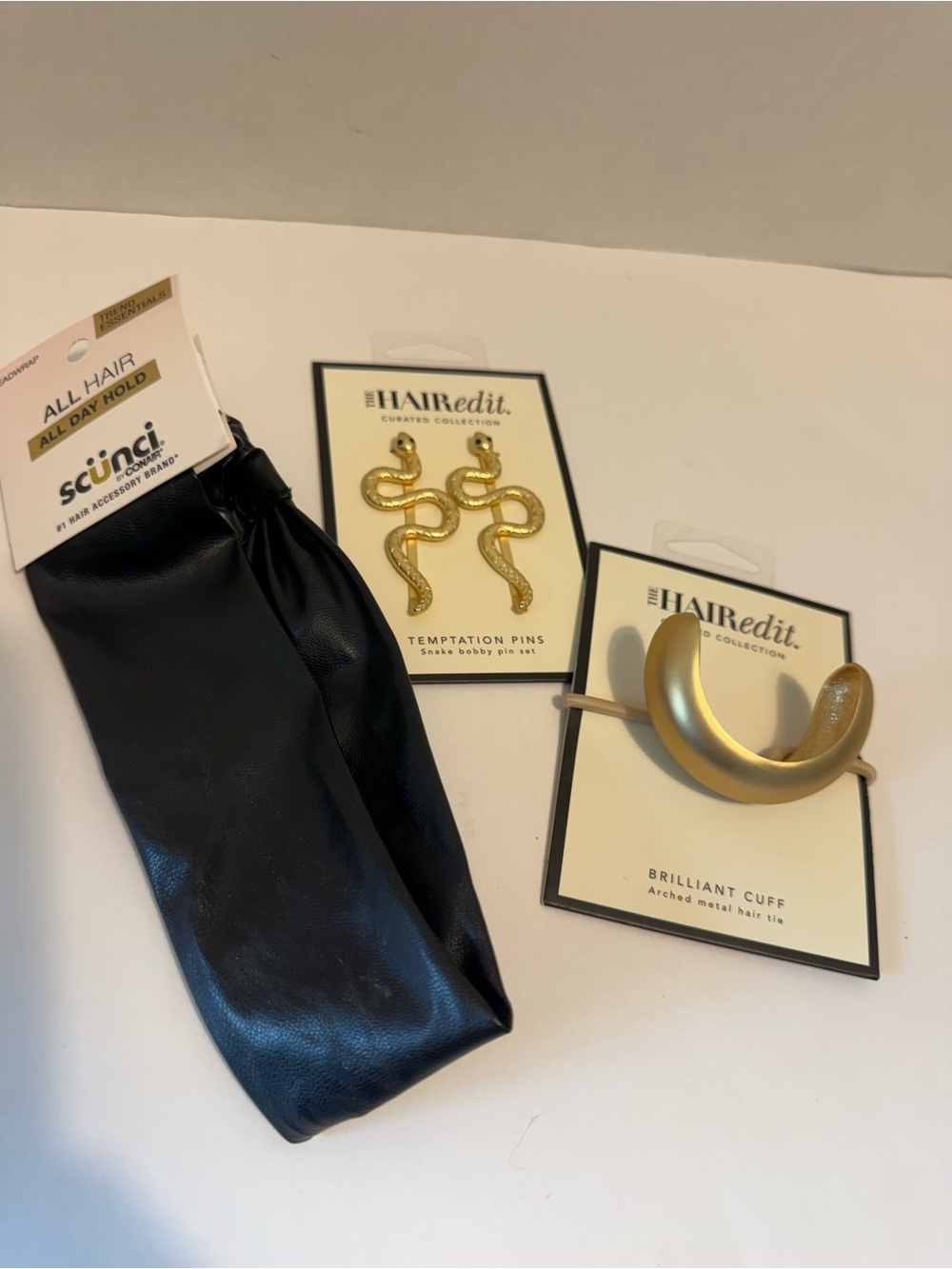 Hair Edit gold and Scunci black faux leather hair collection set of 3